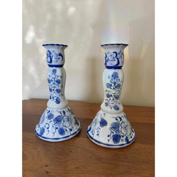 Candle Sticks-Vintage Blue and White Porcelain Delft Style